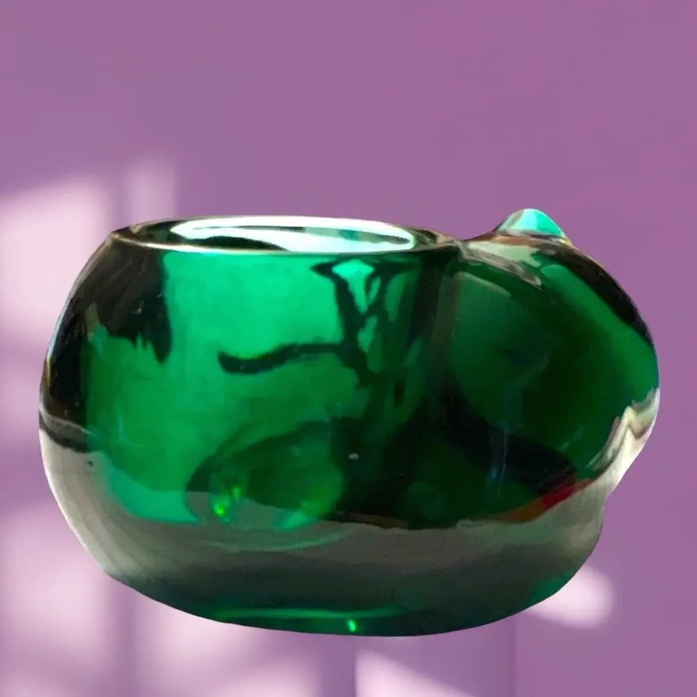 Vintage Indiana Glass Green Cat Candle Lite Glass 90s Votive Candle Holder